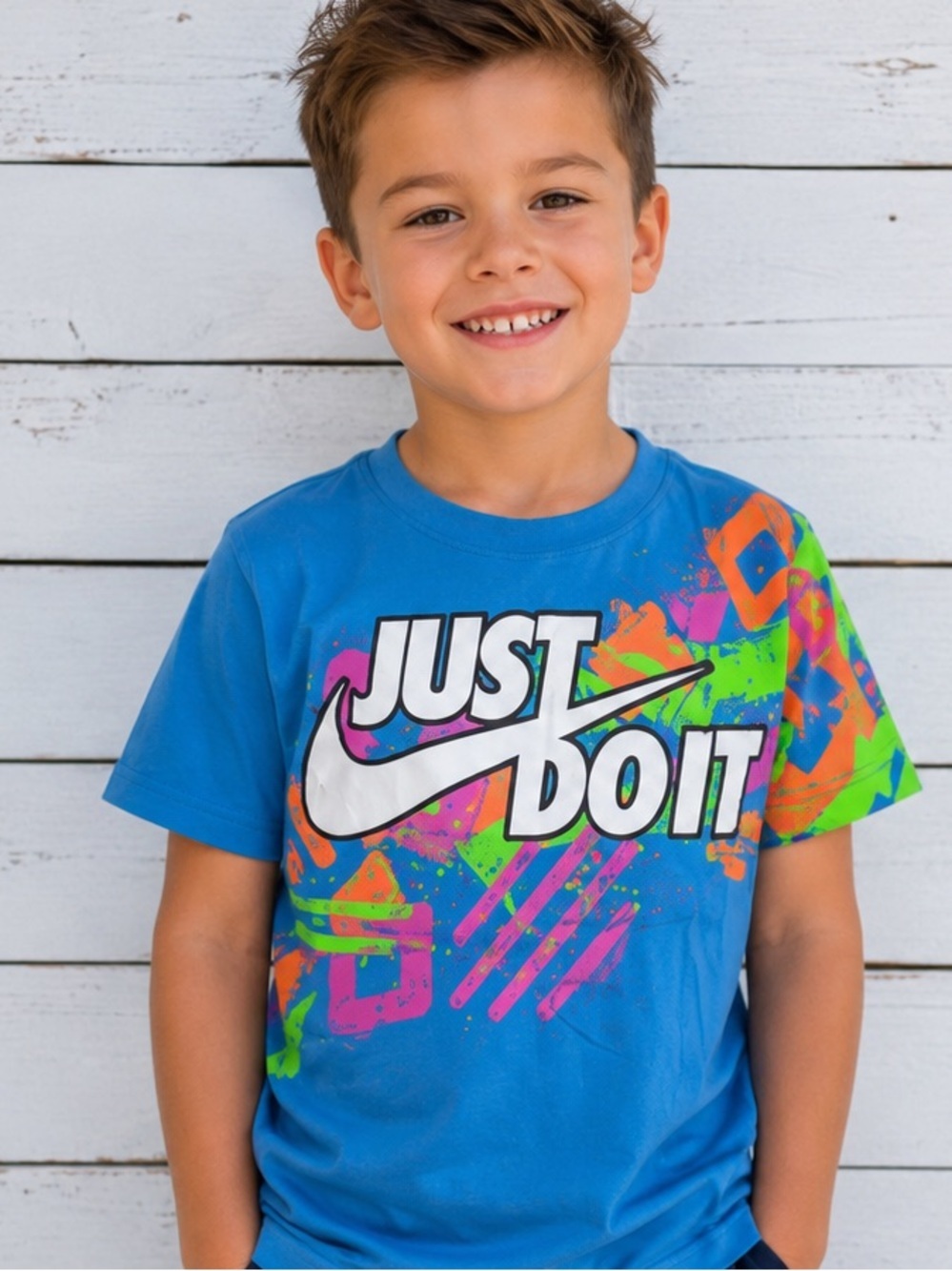 Nike Blue 'Just Do It' Graphic Tee with Neon Accents